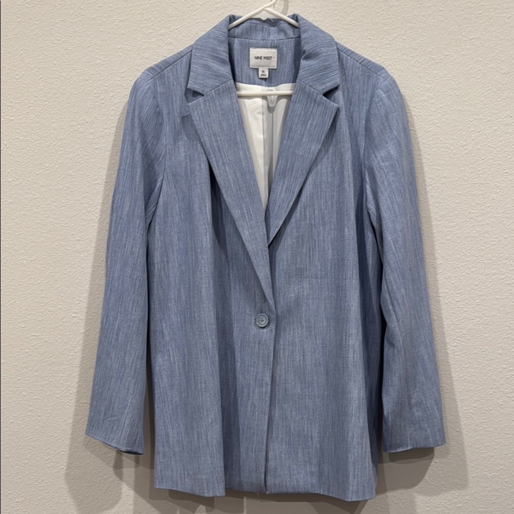 Nine West Blue Blazer with Relaxed Fit and Notched Lapel and tie belt